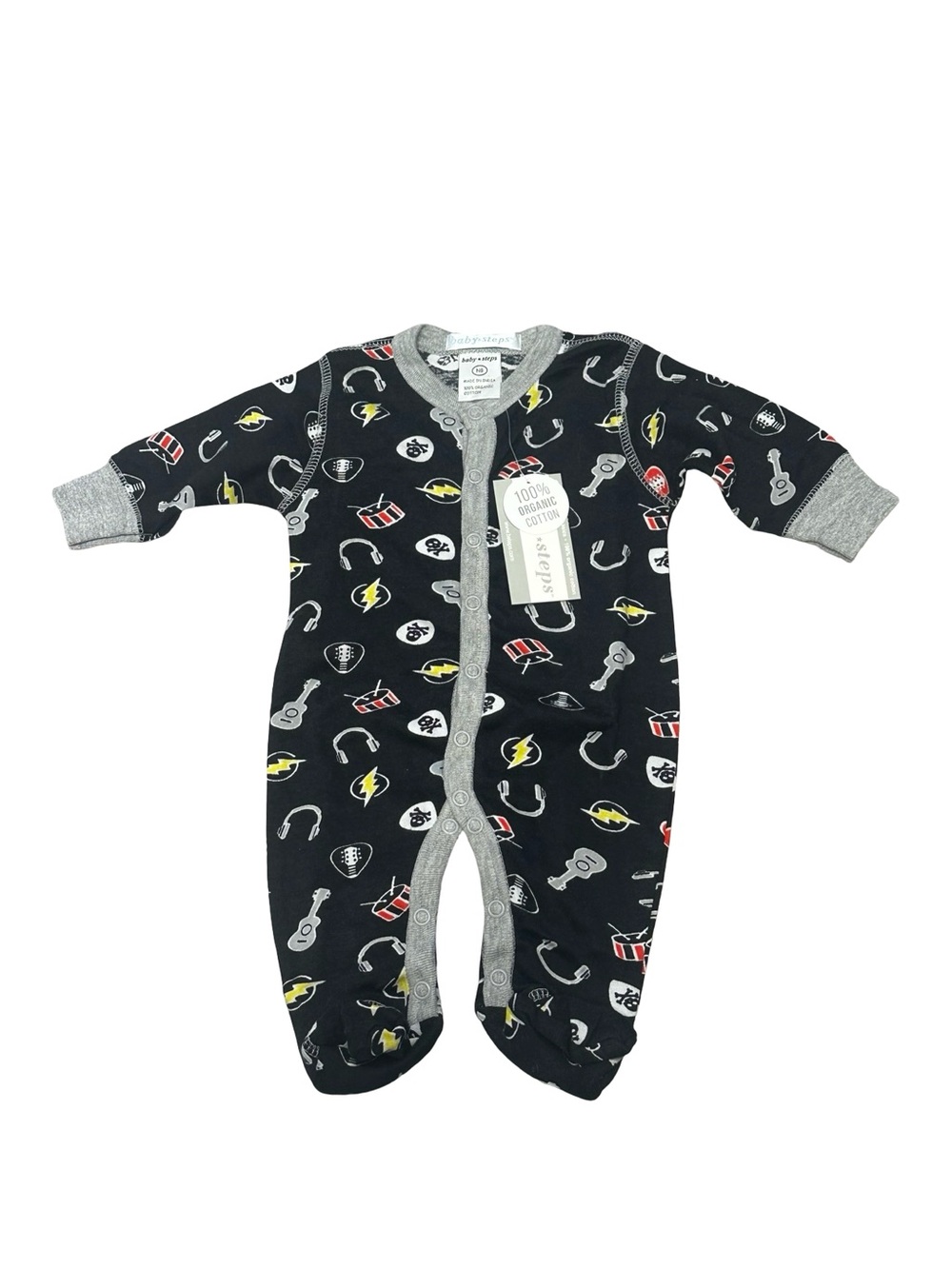 NWT Baby Steps NB One-Piece Footed Pajamas in Black with Music & Sports Icons